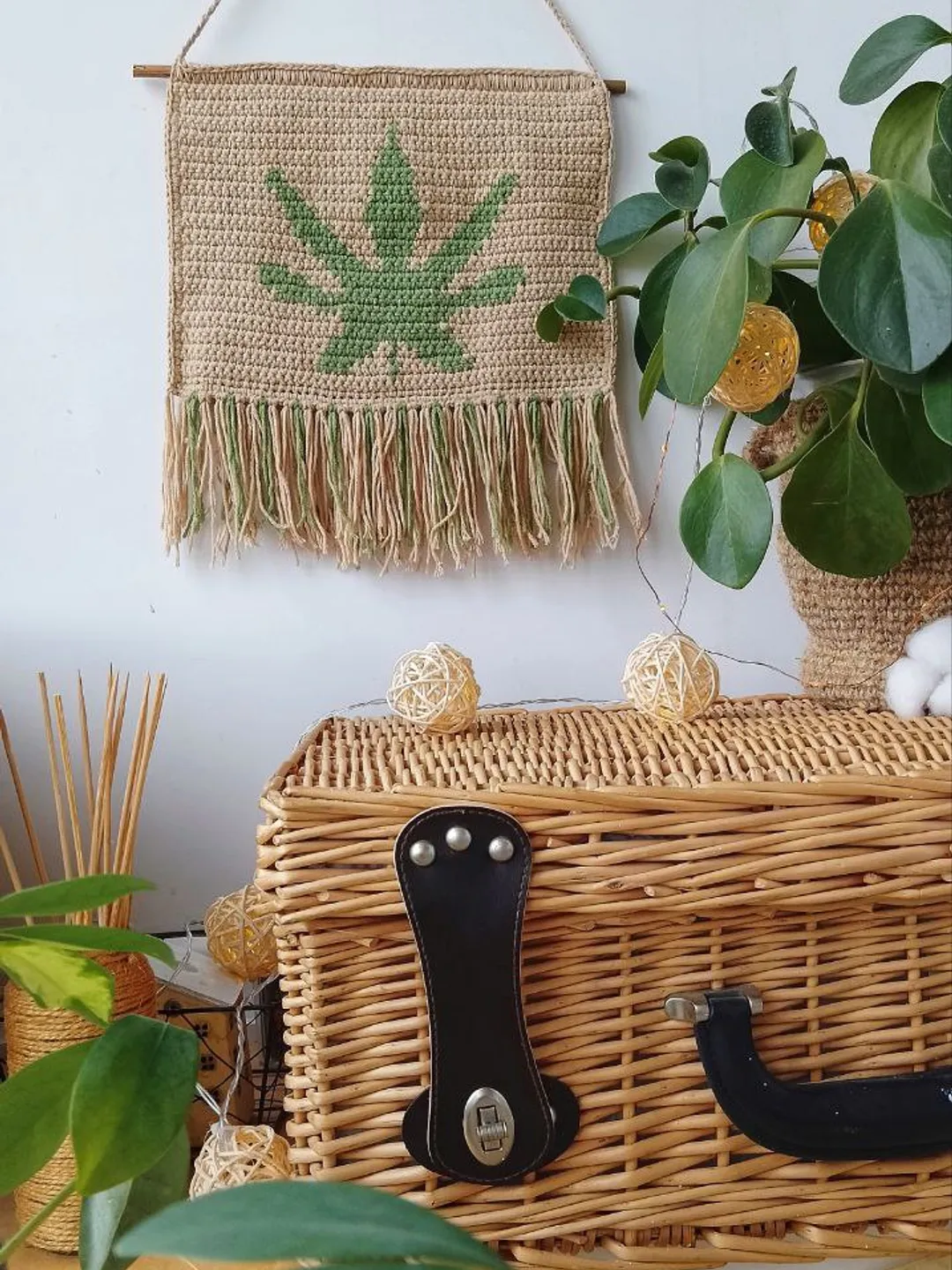 Cannabis Crochet wall hanging marijuana. Tropical leaf hemp wall panel decor. Boho wall home decor.