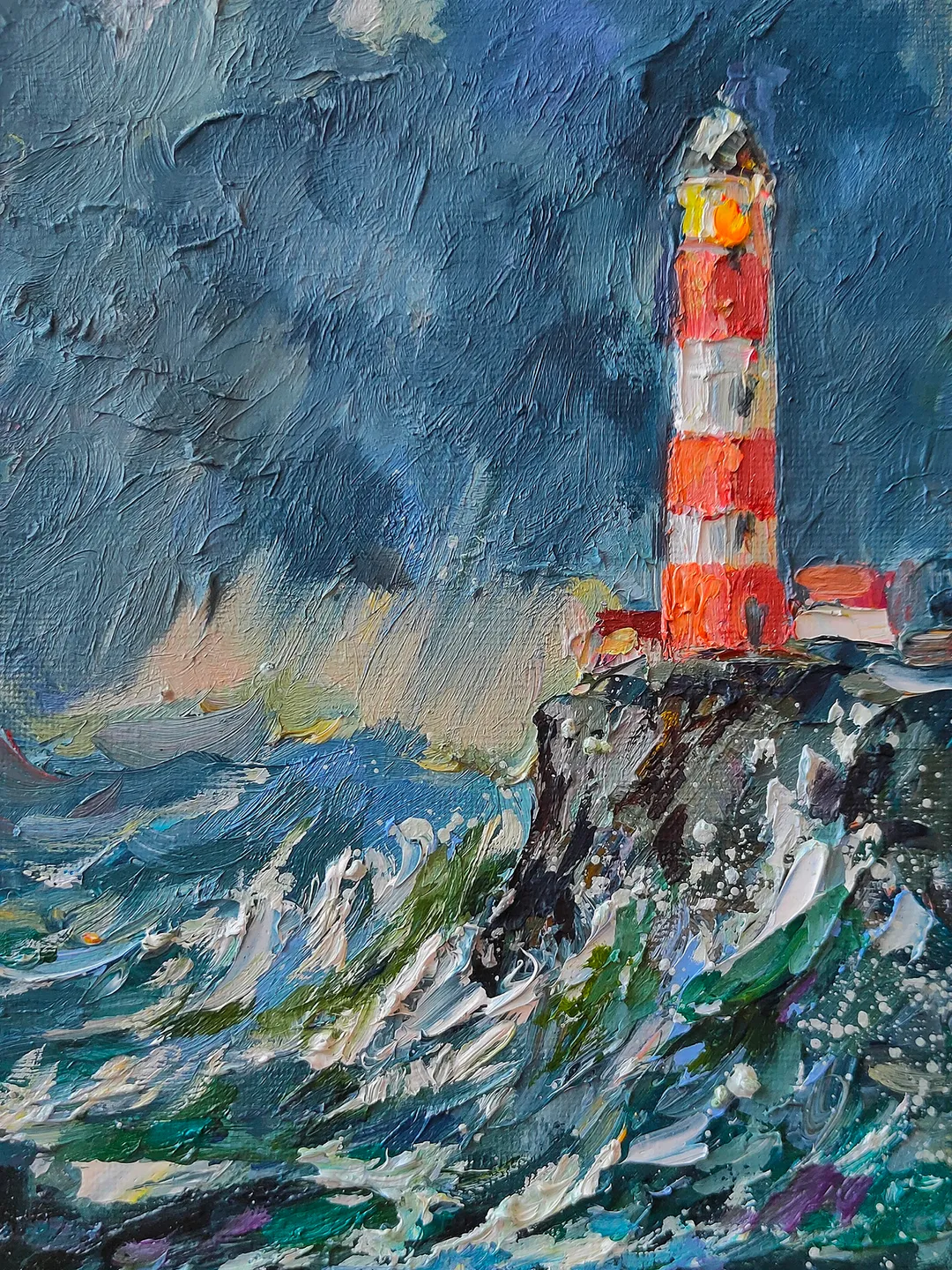 Painting Seascape Lighthouse Storm Waves Canvas on Cardboard Oil Wall Art Impasto Palette Knife Painting on Canvas 5.6 x 8 inches Original Painting Nata_Lena_Art