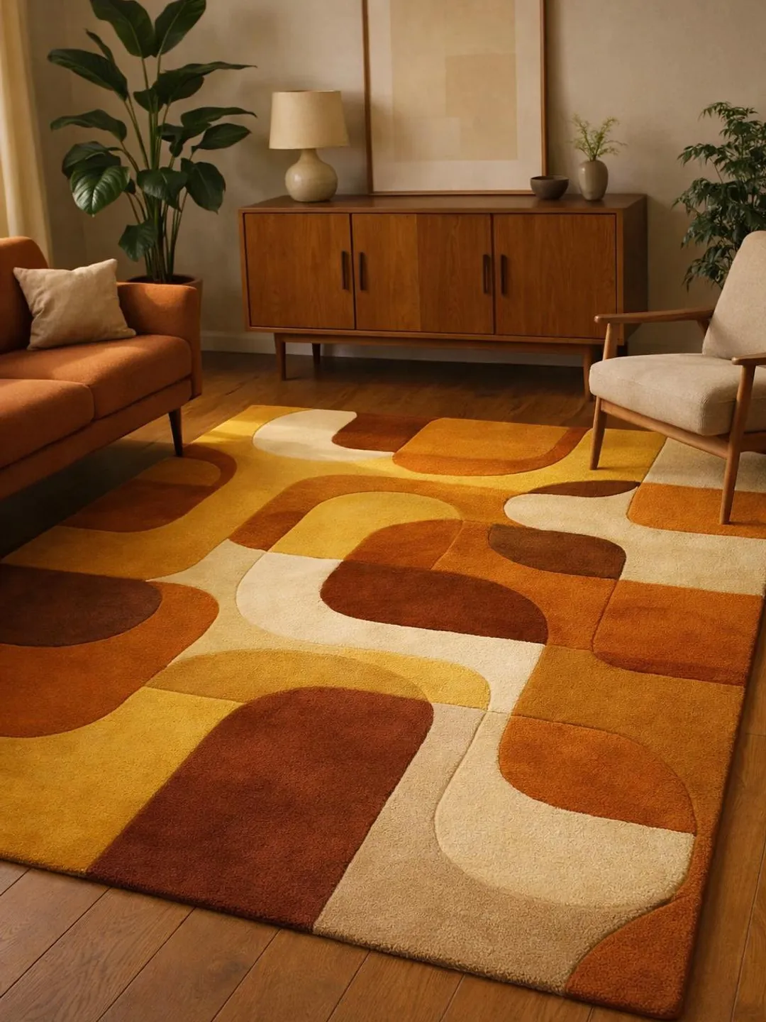 Hand Tufted Wool Area Rug – Retro Geometric, Mustard Rust