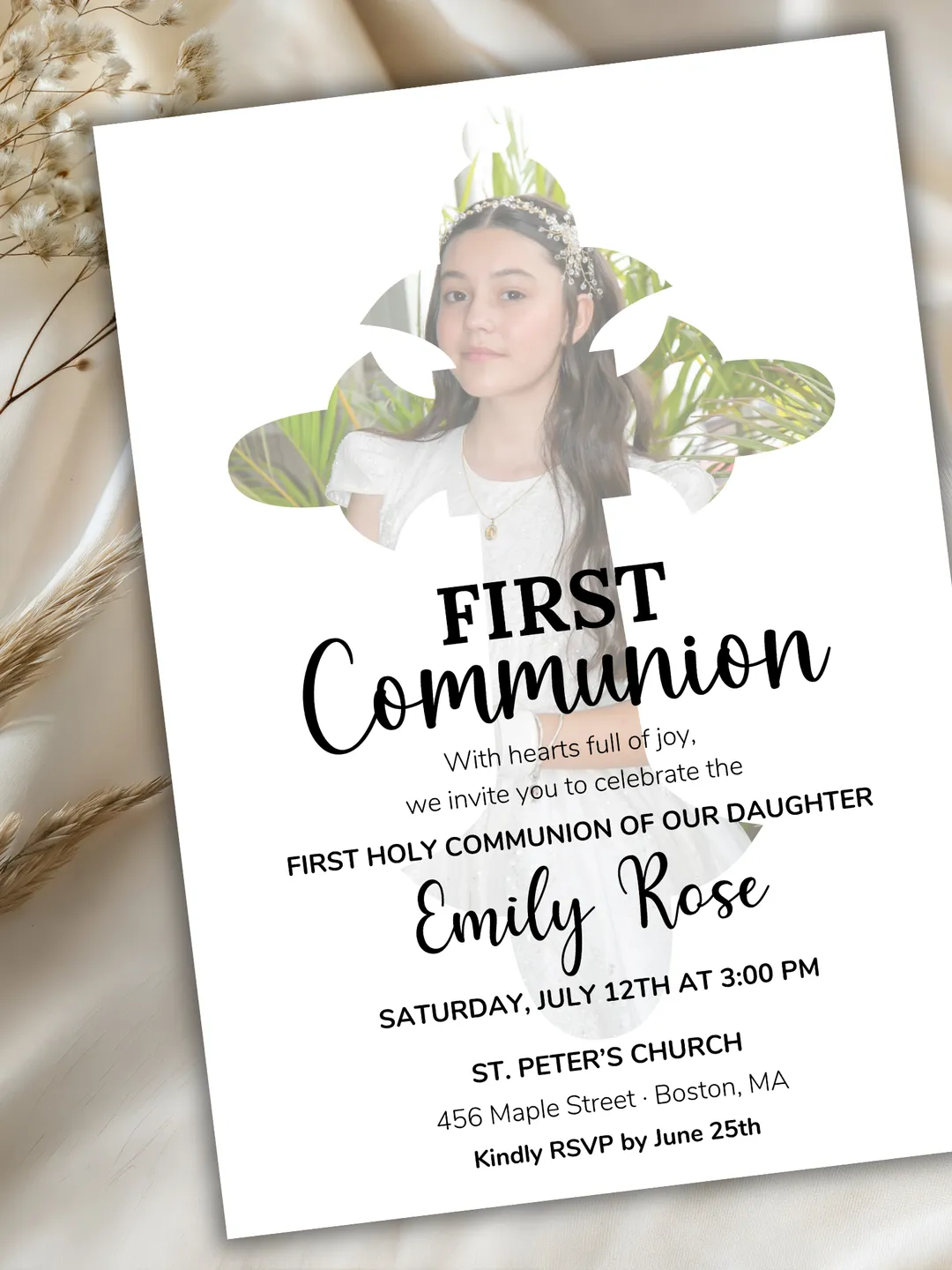 first holy communion invitation card editable First Holy Communion Invitation - Swirly World Designs Vintage Set