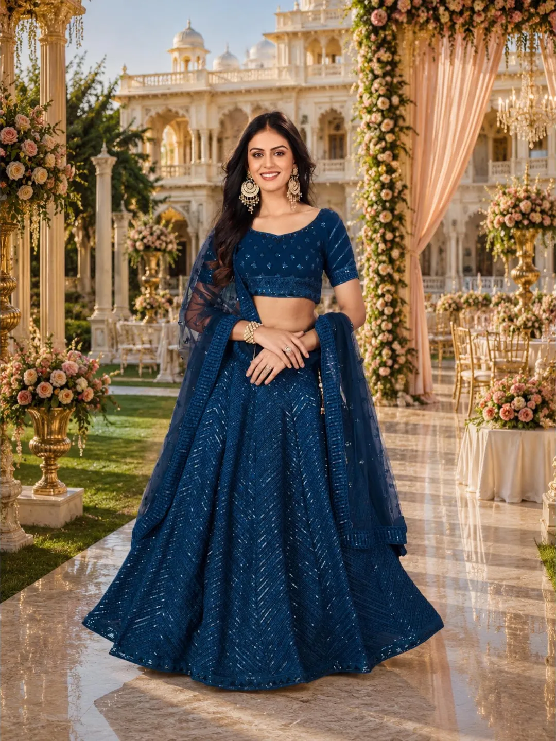 Blue Georgette Ready To Wear Lehenga Choli: Indian Wedding Embroidery Sequins