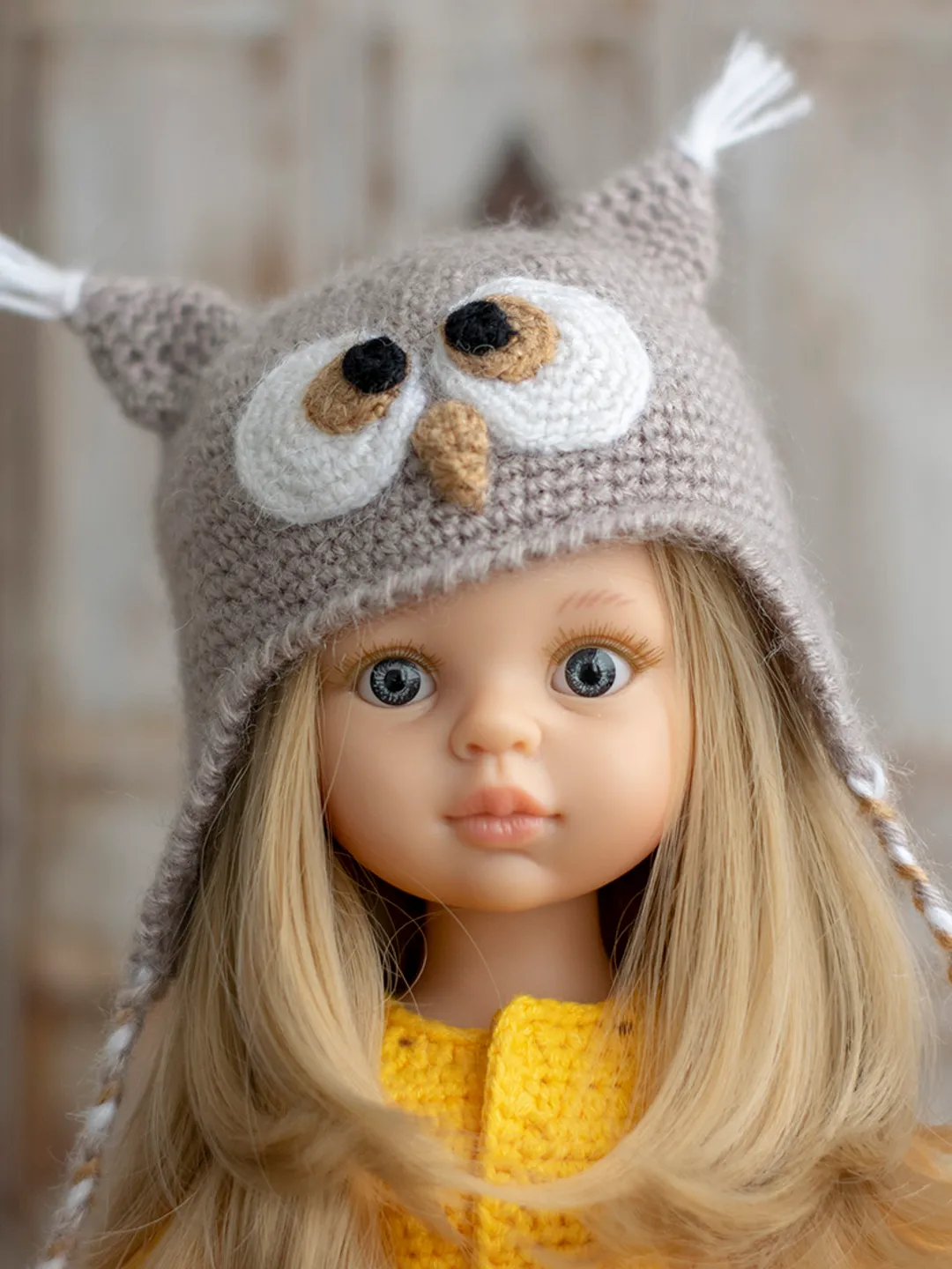 Owl hat for Paola Reina doll, Dumplings, Little Darling, Siblies RRFF for Halloween, animals hat with ears for doll
