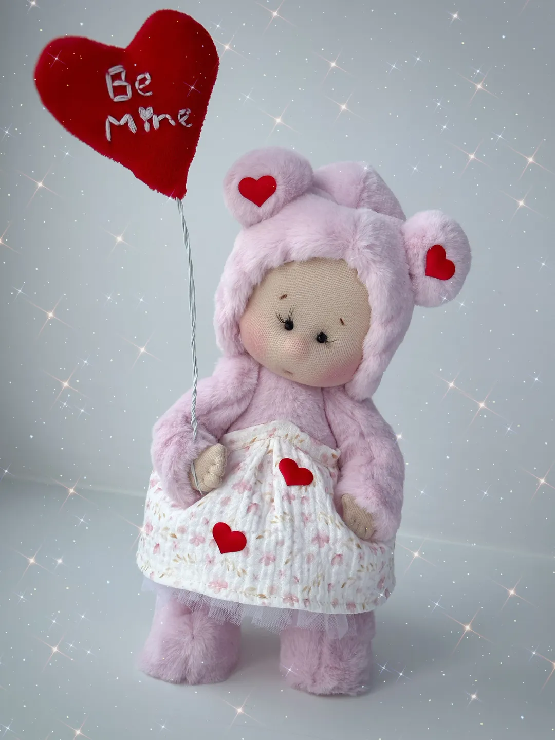 Memory bear doll. Handmade Valentine doll. Soft plush doll with heart. Gift for her.