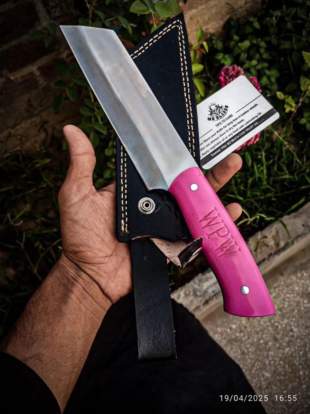 Handmade Viking Seax Knife: D2 Steel, Pink Resin Handle, Leather