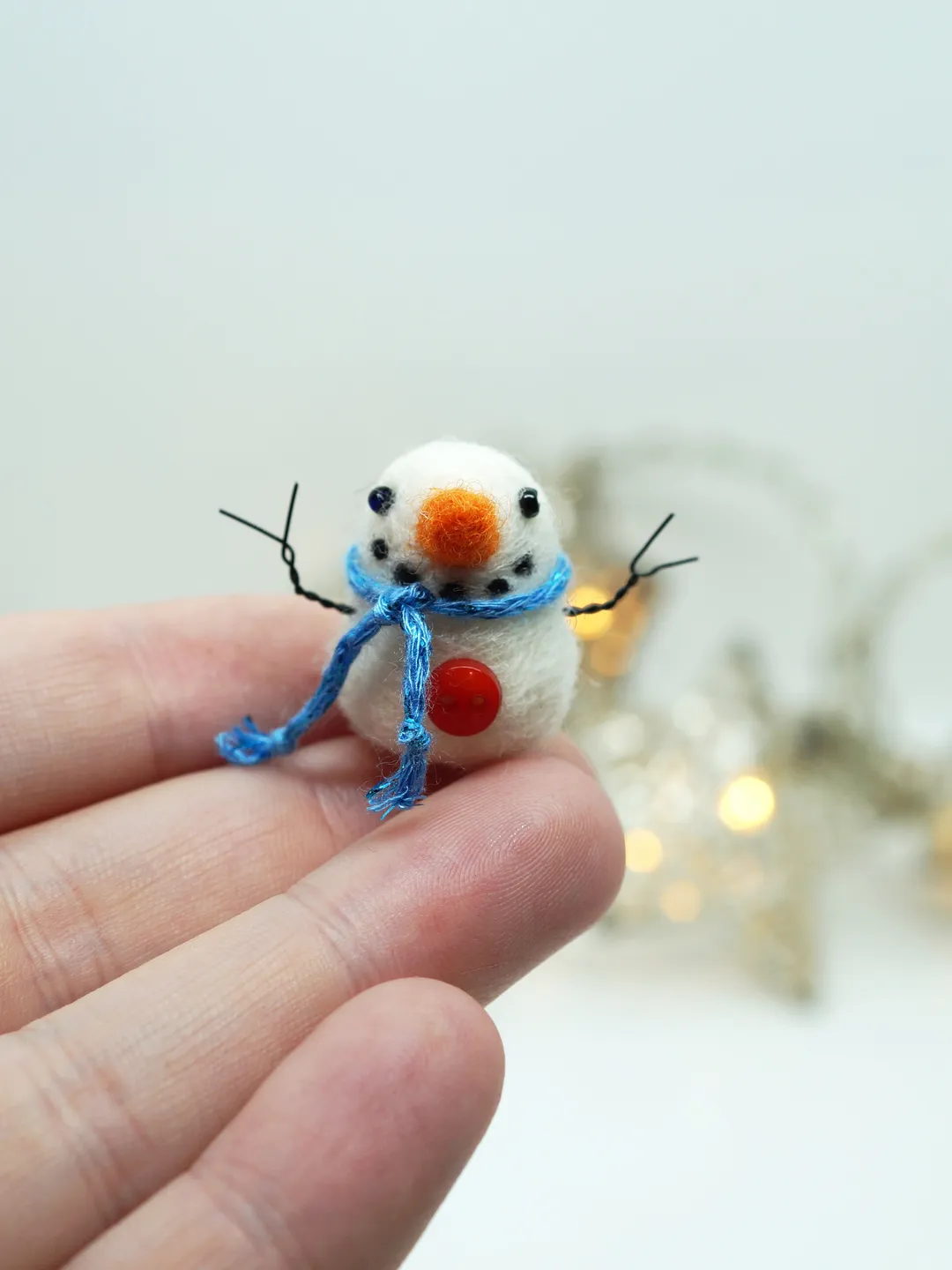 Miniature needle felted snowman in a blue scarf, made to order