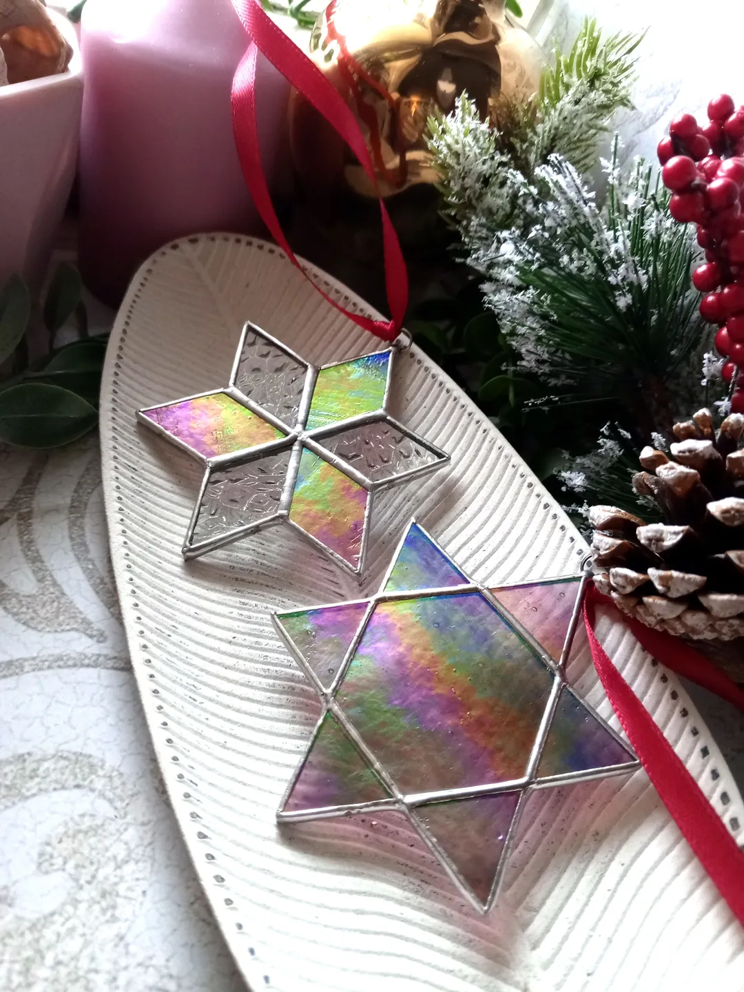 Set of 2 snowflake suncatchers, christmas ornaments, Christmas decorations, Xmas tree star, new year tree toy
