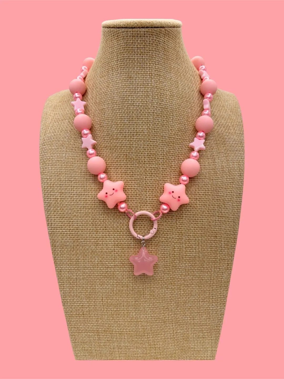 Kawaii pastel pink beaded star charm necklace