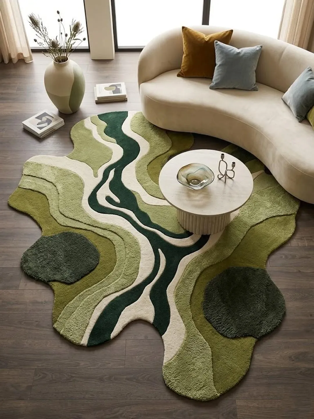 Green Tufted Rug, Irregular Shaped Rug, Modern Moss Green Rug, Abstract Area Rug, Wave Living Room Rug, Aesthetic Large Rug, Custom Rug