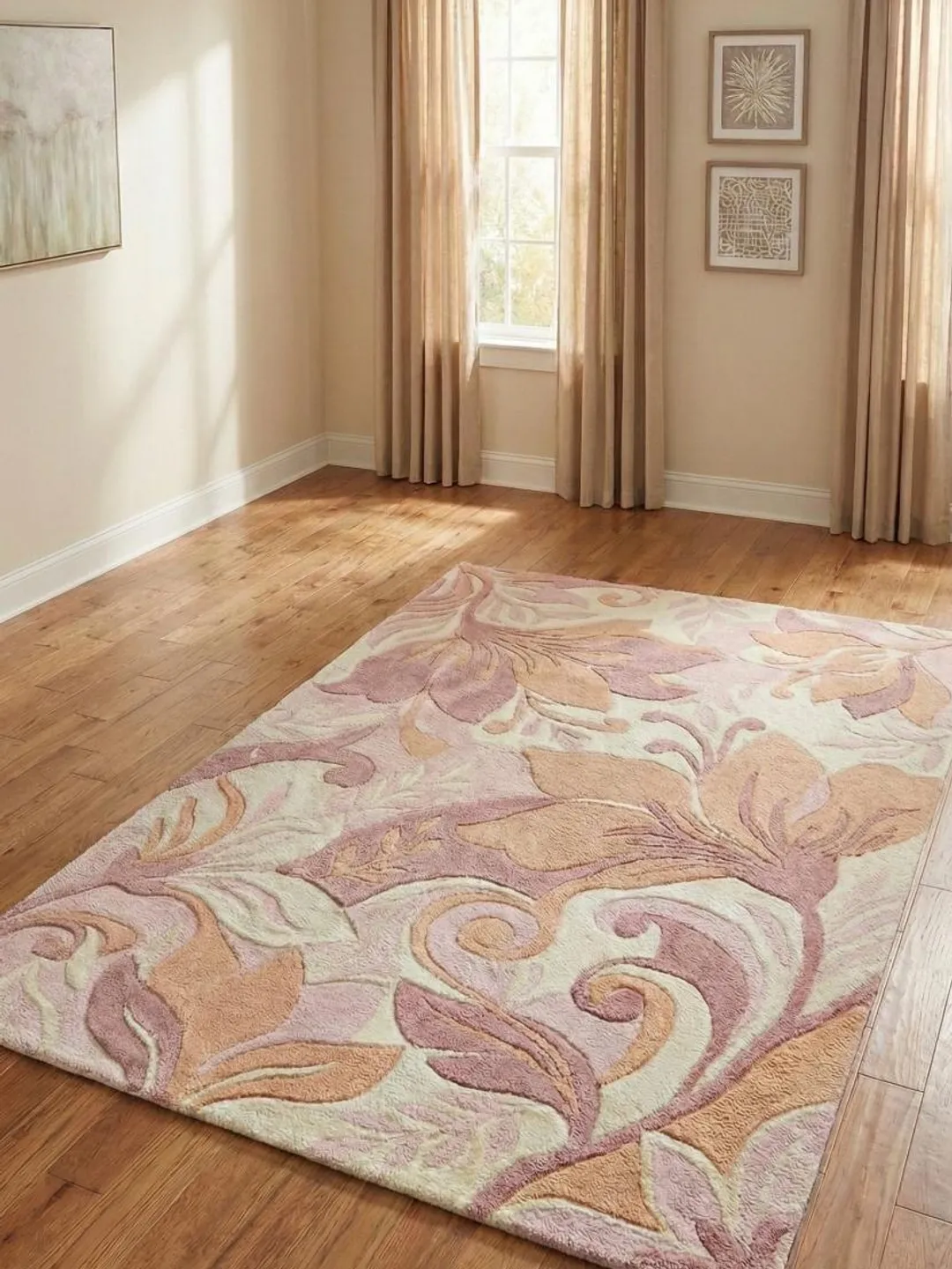 Hand Tufted Wool Floral Rug, Pastel Pink Botanical Carpet Modern Home Decor