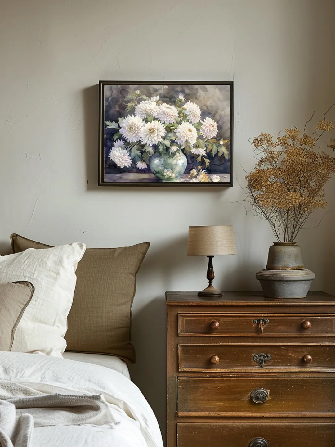 Bouquet of white chrysanthemum in a vase watercolor drawing, digital illustration, digital painting , wall art decoration. AI