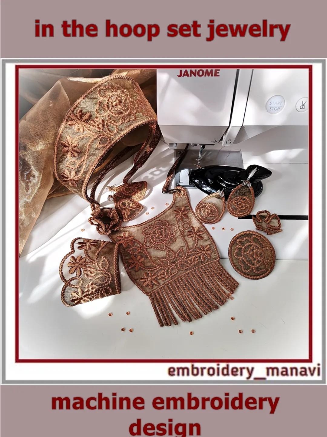 7-in-1 ITH Organza Jewelry Mega Set - Kokoshnik Headband, Bib Necklace, Cuff Bracelet, 3D Brooch, 2 Styles of Earrings, Flower - Machine Embroidery Designs