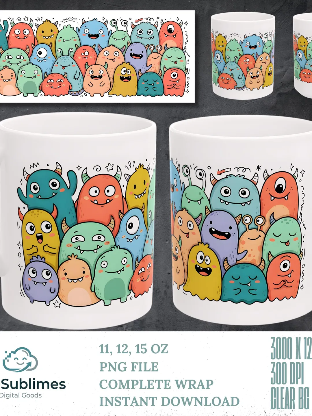 Cute Monster Mug Wrap Sublimation, Funny Little Monsters PNG, Kids Coffee  Cup Design, Colorful Creature Doodle, 11oz 15oz Mug Template