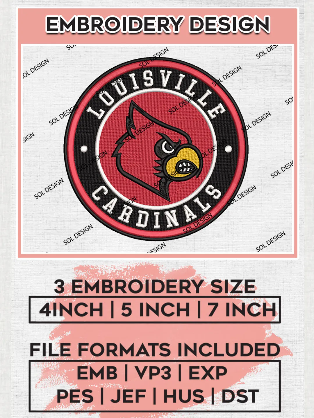NCAA Louisville Cardinals Round Logo Embroidery, NCAA Louisville Cardinals Embroidery Design files, NCAA Teams, NCAA Machine embroidery designs, Digital Download