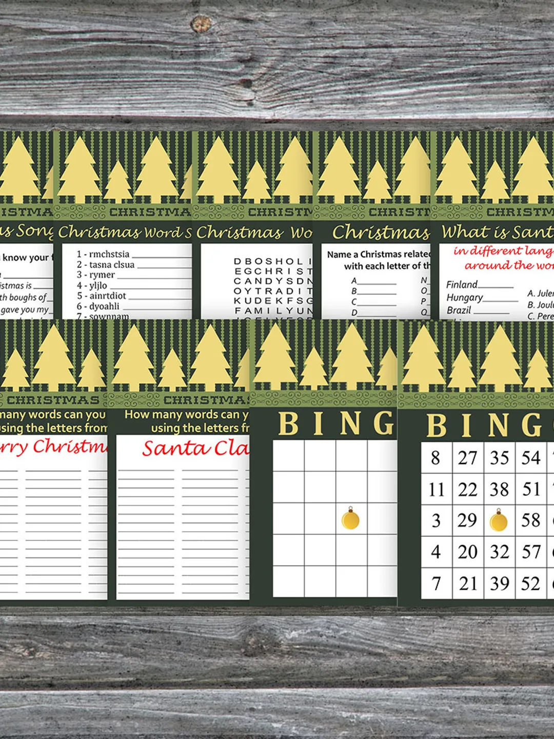 Christmas party games bundle,Printable Christmas Party Game Pack,Gold Christmas tree Christmas Trivia Game Cards
