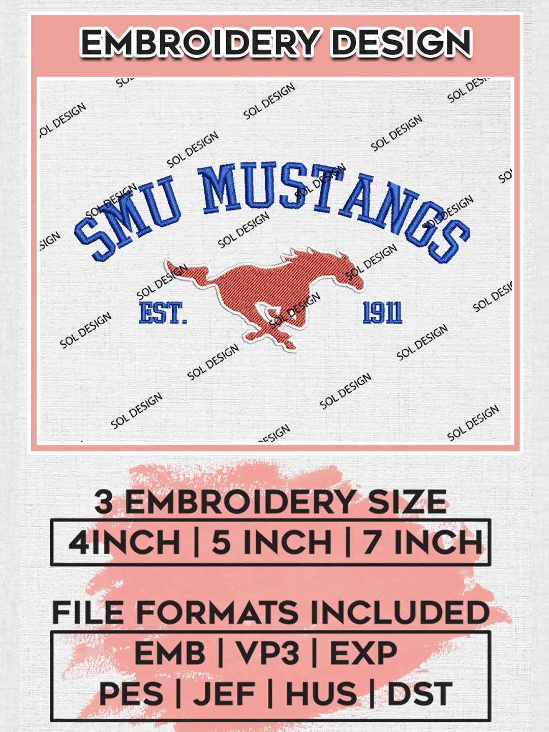 SMU Mustangs Est 1911 Logo Embroidery Designs, NCAA SMU Mustangs Team Embroidery, NCAA Team Logo, 3 sizes, Machine embroidery Files, Digital Download