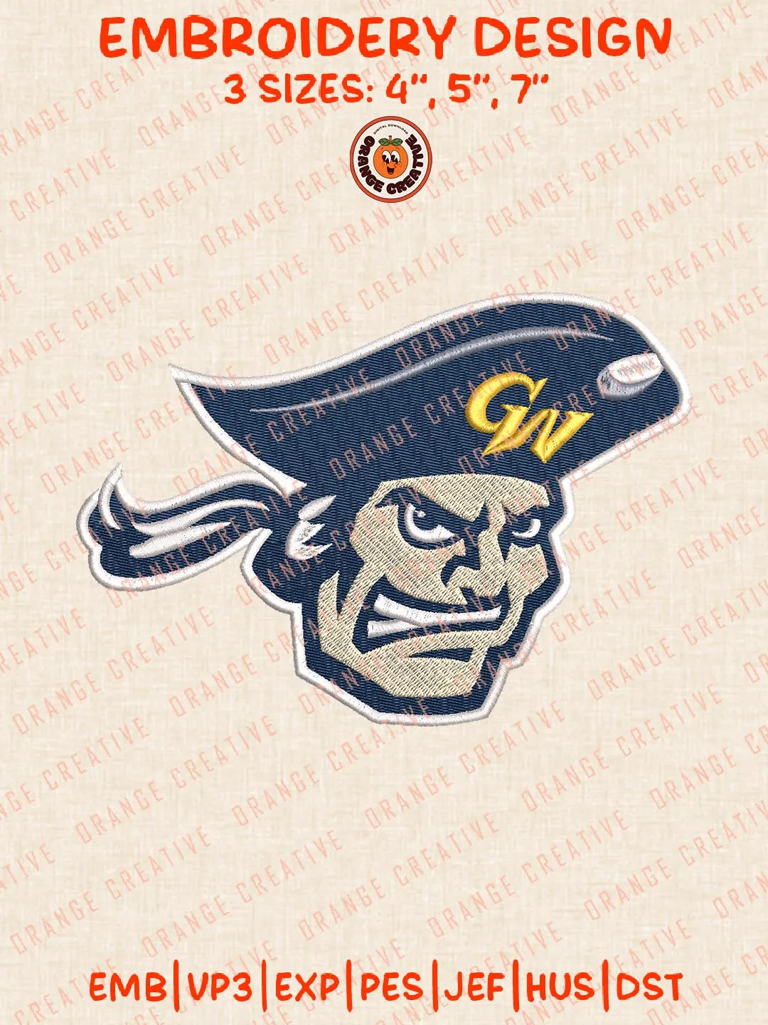 George Washington Colonials Head Logo Embroidery Design Files, NCAA Logos Embroidery Designs, NCAA Machine Embroidery Files, 3 Sizes, Custom Sizes, Instant Download