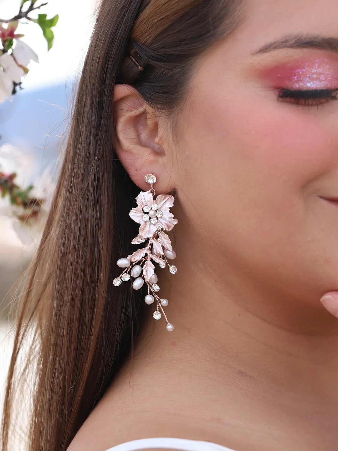 Rose Gold Flower Chandelier Boho Wedding Earrings , Floral Statement Boho Bridal Earrings, Leaf Romantic Bride Jewelry , Pearl Jewellery