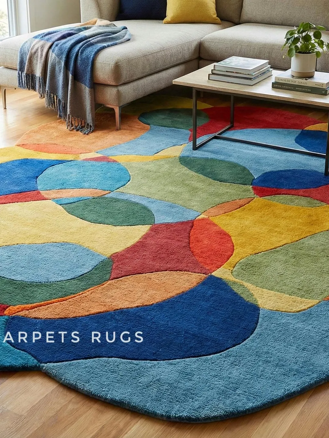 Abstract Irregular Shaped Rug – Colorful Hand Tufted Wool Area Carpet