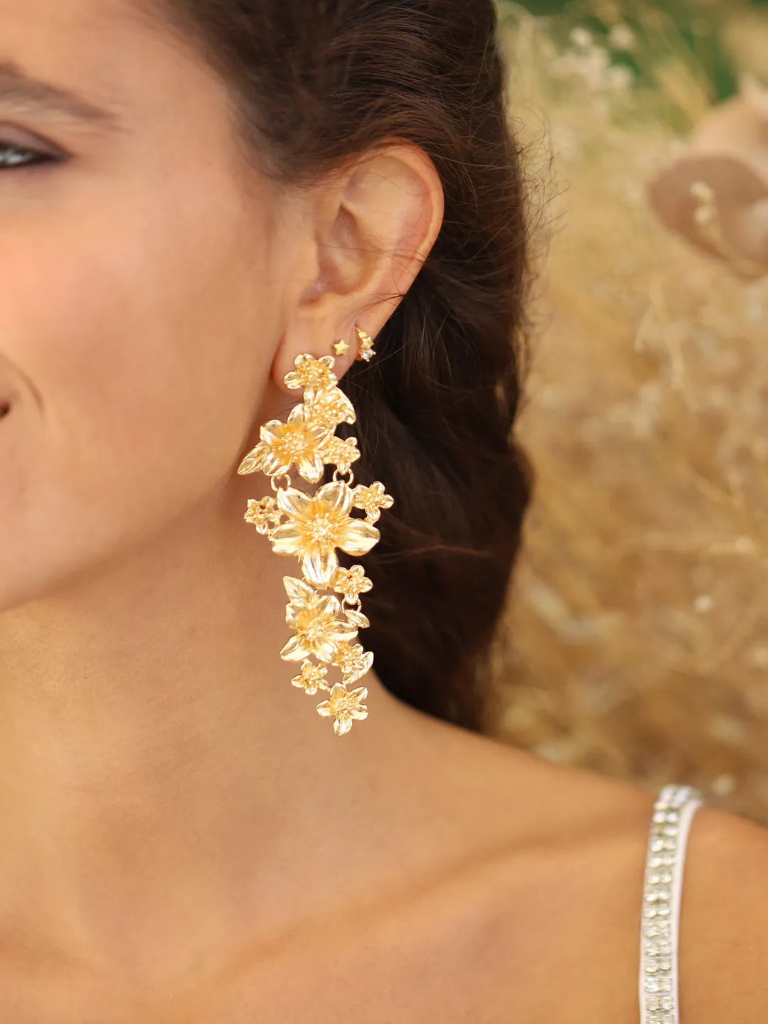 Extra Long Flower Wedding Earrings, Floral Bridal Earrings, Boho Wedding Earrings, Clip-on Bridal Earrings, Chandelier Statement Earrings