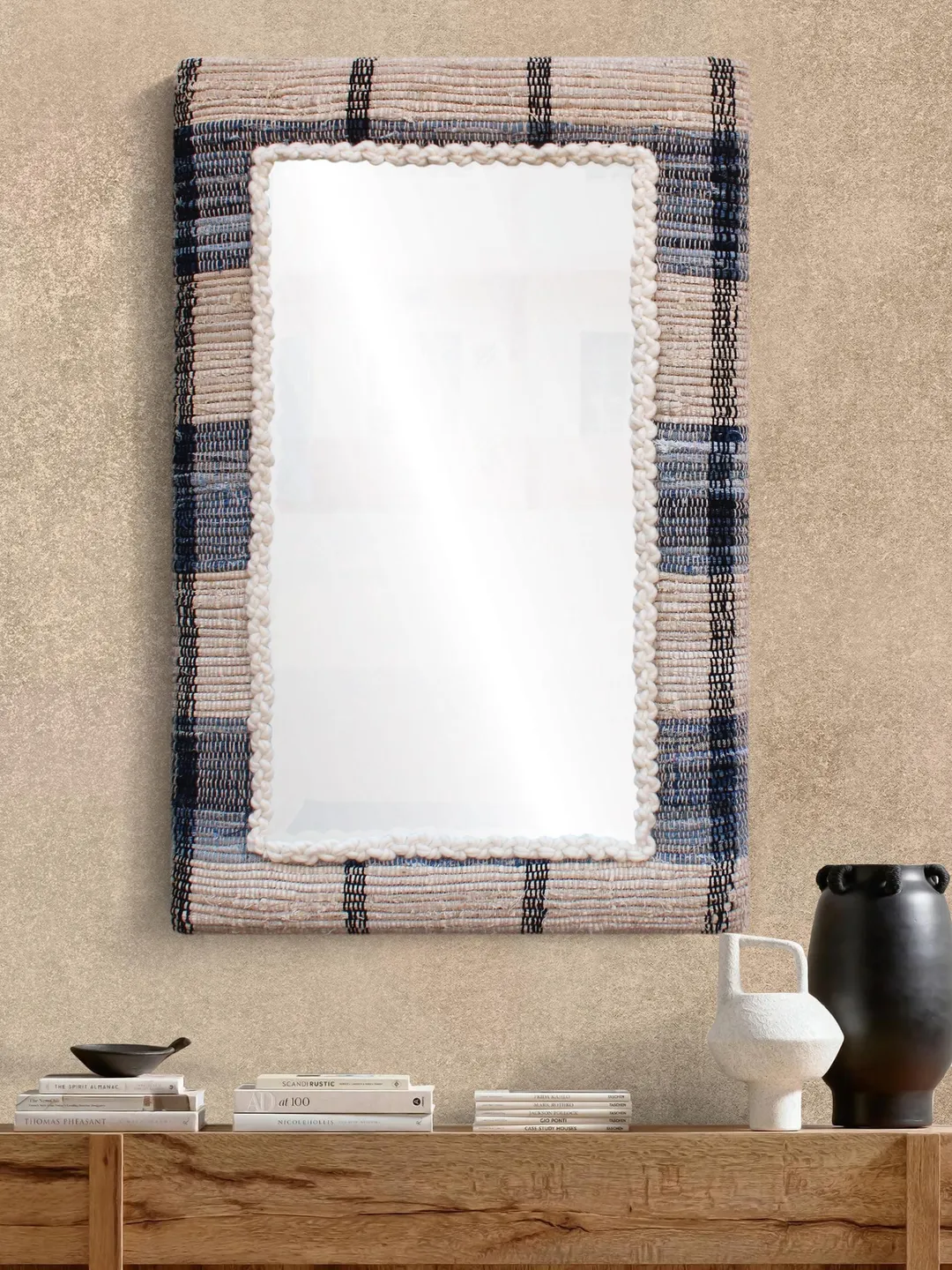 Ivory Handwoven Wool Mirror: Rustic Boho Farmhouse Decor
