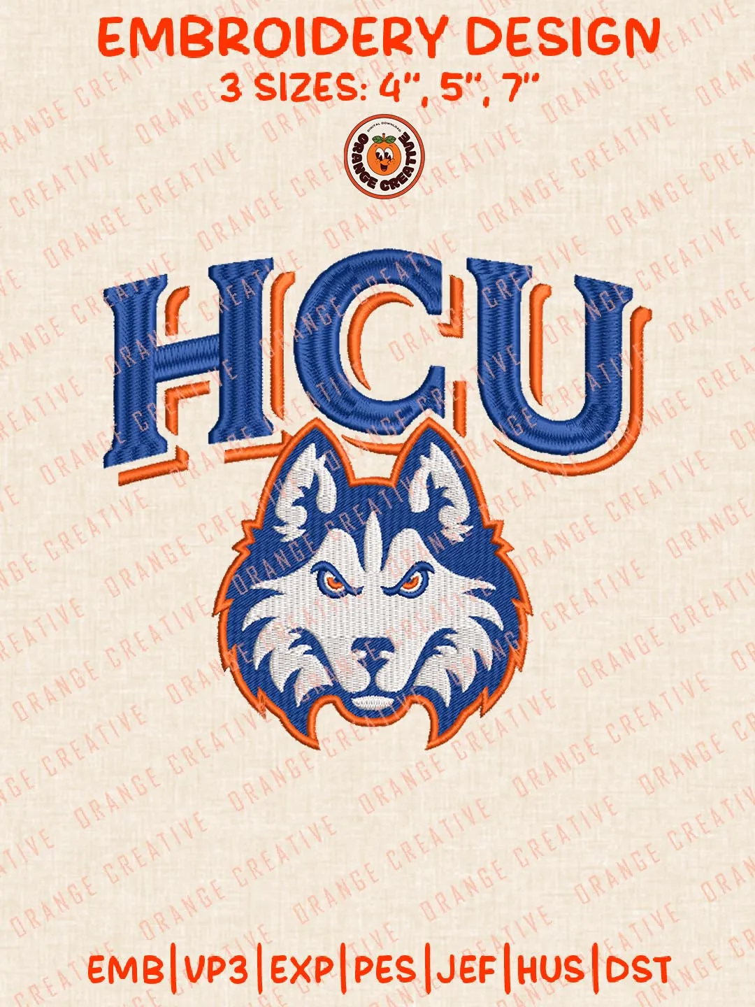 HCU Huskies Logo Embroidery Design Files, NCAA Logos Embroidery Designs, NCAA Houston Christian Huskies Machine Embroidery Files, 3 Sizes, Custom Sizes, Instant Download