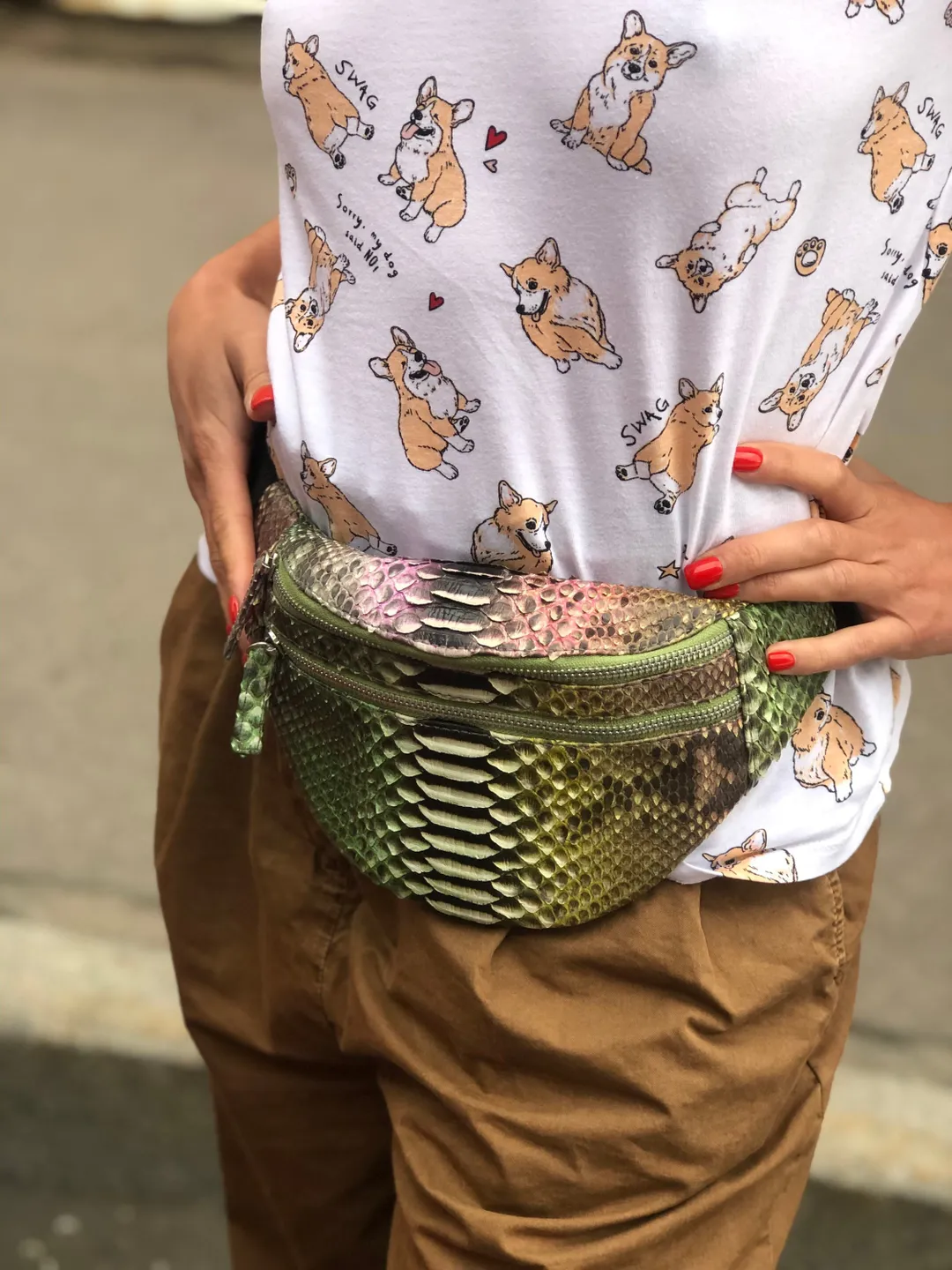 Genuine Python Skin Fanny Pack Bronze Green Milticolor | Leather