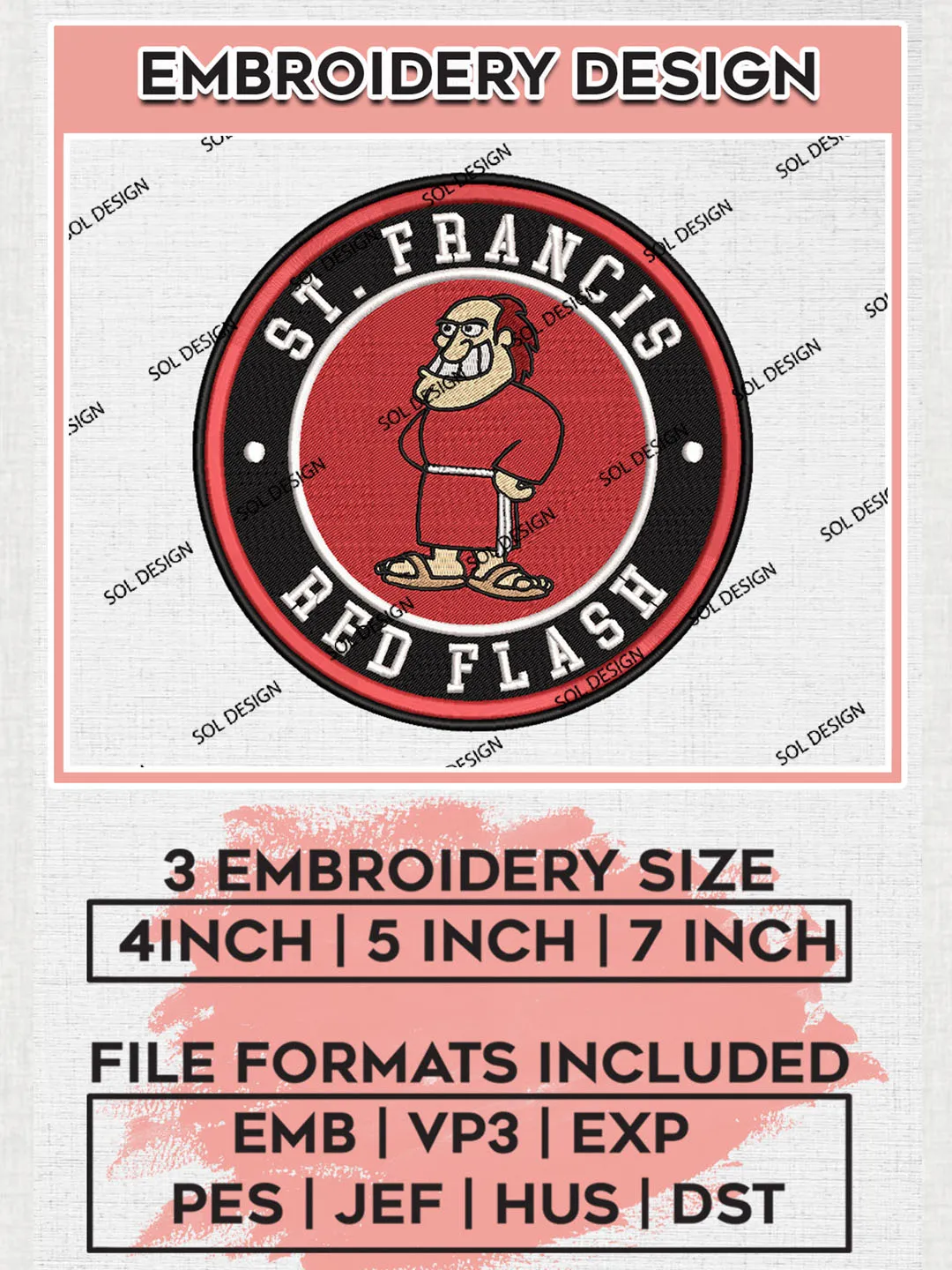 NCAA St Francis PA Red Flash Round Logo Embroidery, NCAA St Francis PA Red Flash Logo Embroidery files, NCAA Teams, Machine embroidery designs, Digital Download