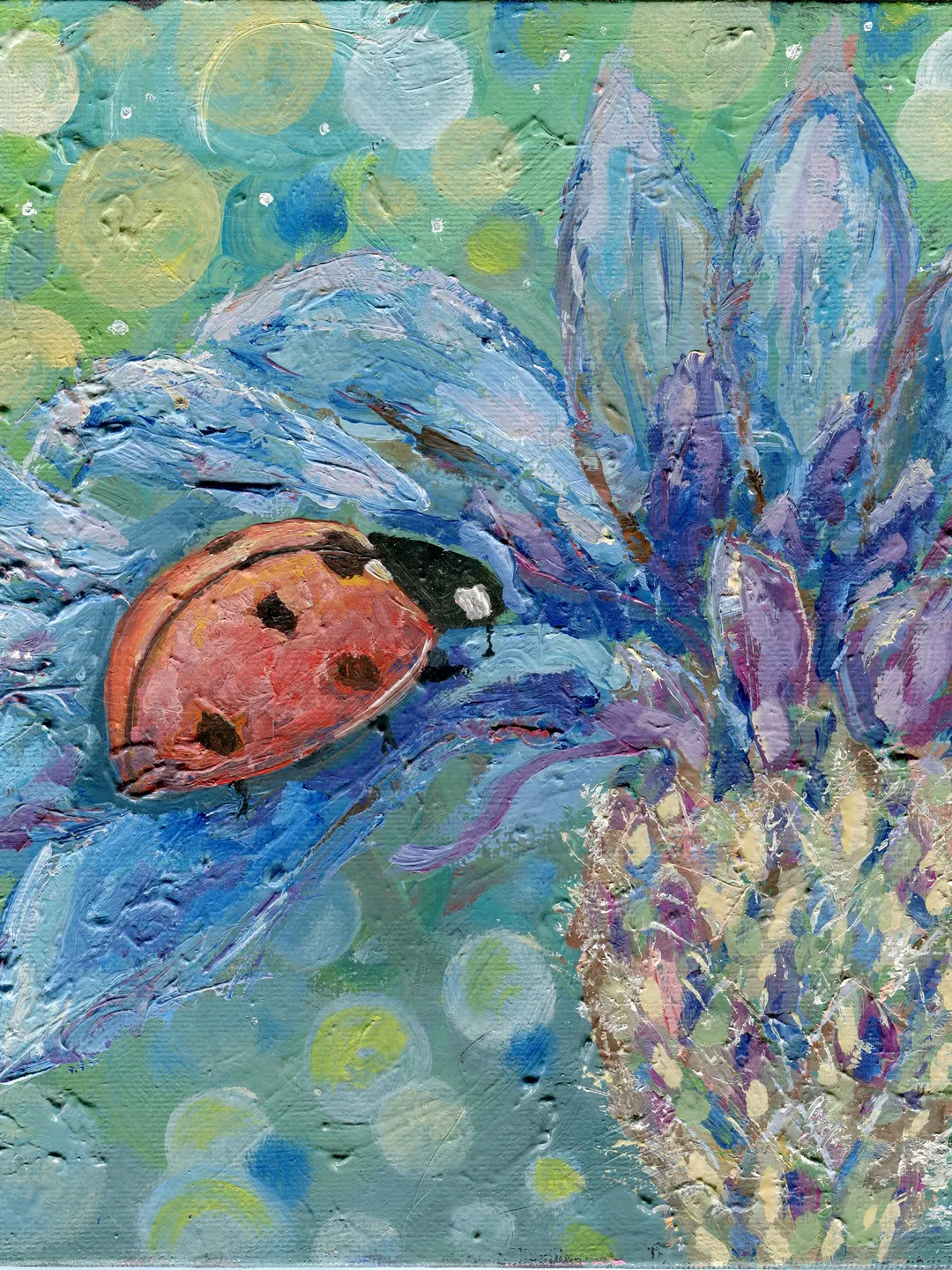 Painting flowers with a Ladybug oil on canvas