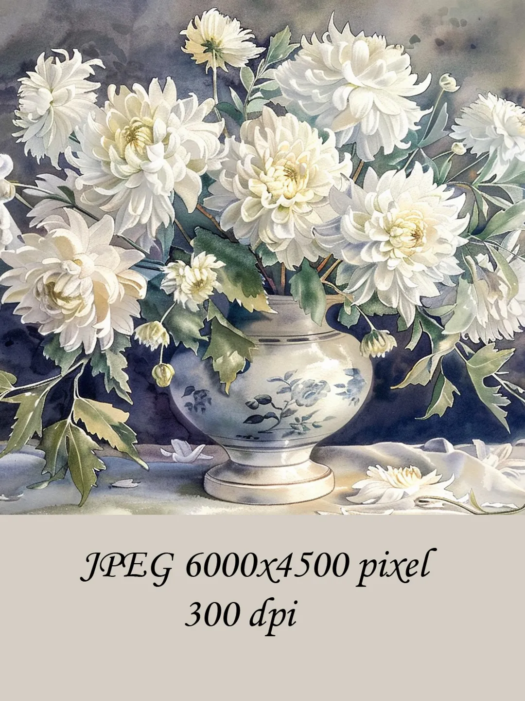 Bouquet of white chrysanthemum in a vase watercolor drawing, digital illustration, digital painting , wall art decoration. AI