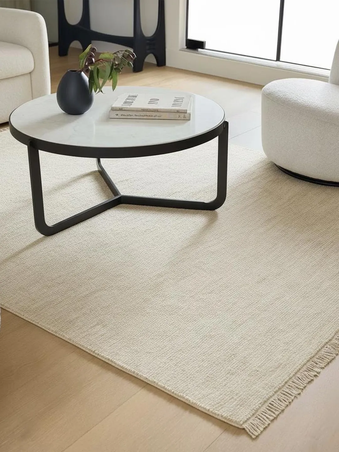 Minialistic Rug Handmade Wool Round Rug: Cream White Minimalist Area Carpet
