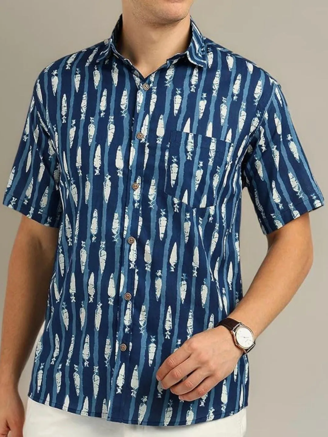 Men's Indigo Fish Print Shirt | Hand Block Cotton Short Sleeve