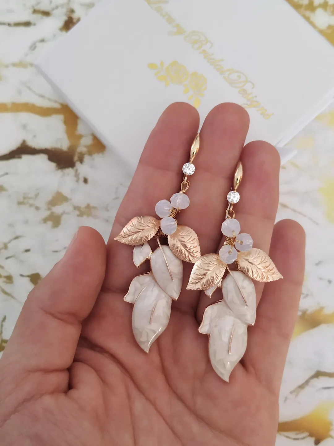 Champagne Gold Opal Laurel Bridal Earrings,Chandelier Statement Earrings, Leaf Earrings, Bridal Jewelry Set, Floral Boho Wedding Earrings