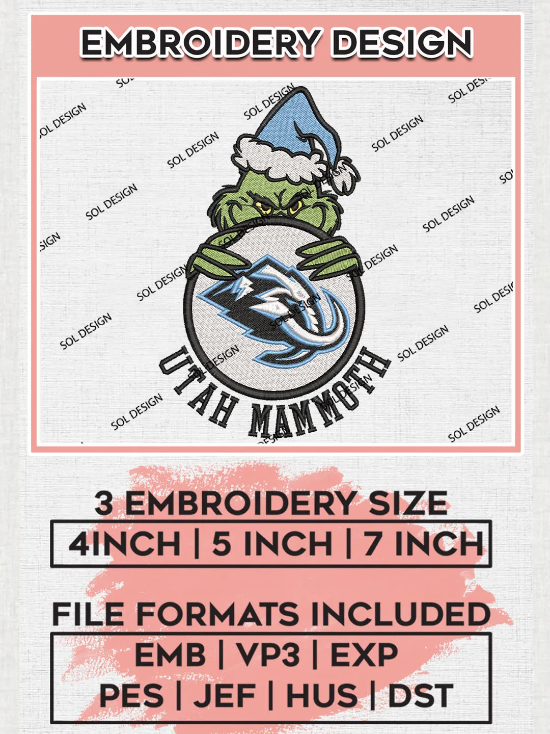 NHL Utah Mammoth Team x Christmas Grinch Logo Embroidery, Grinch Logo Embroidery files, NHL Hockey Team, NHL Utah Mammoth Team Machine embroidery designs, Digital Download