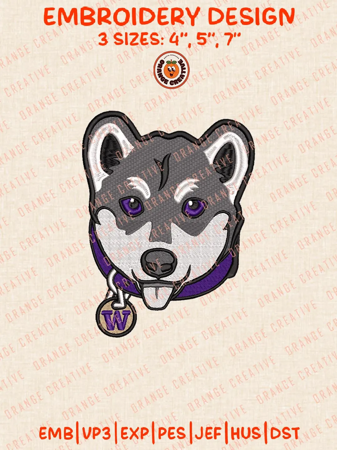 Washington Huskies Head Mascot Logo Embroidery Design Files, NCAA Logos Embroidery Designs, NCAA Machine Embroidery Files, 3 Sizes, Custom Sizes, Instant Download