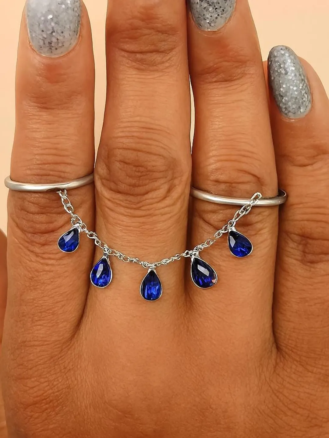 Sapphire Teardrop Chain Ring, Sterling Silver Double Finger Ring ...
