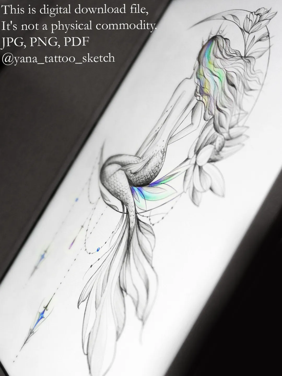 Mermaid Tattoo Design Fine Line Mermaid And Moon Tattoo Drawing Idea For  Females, Instant download PDF, JPG, PNG, image size:1080x1440