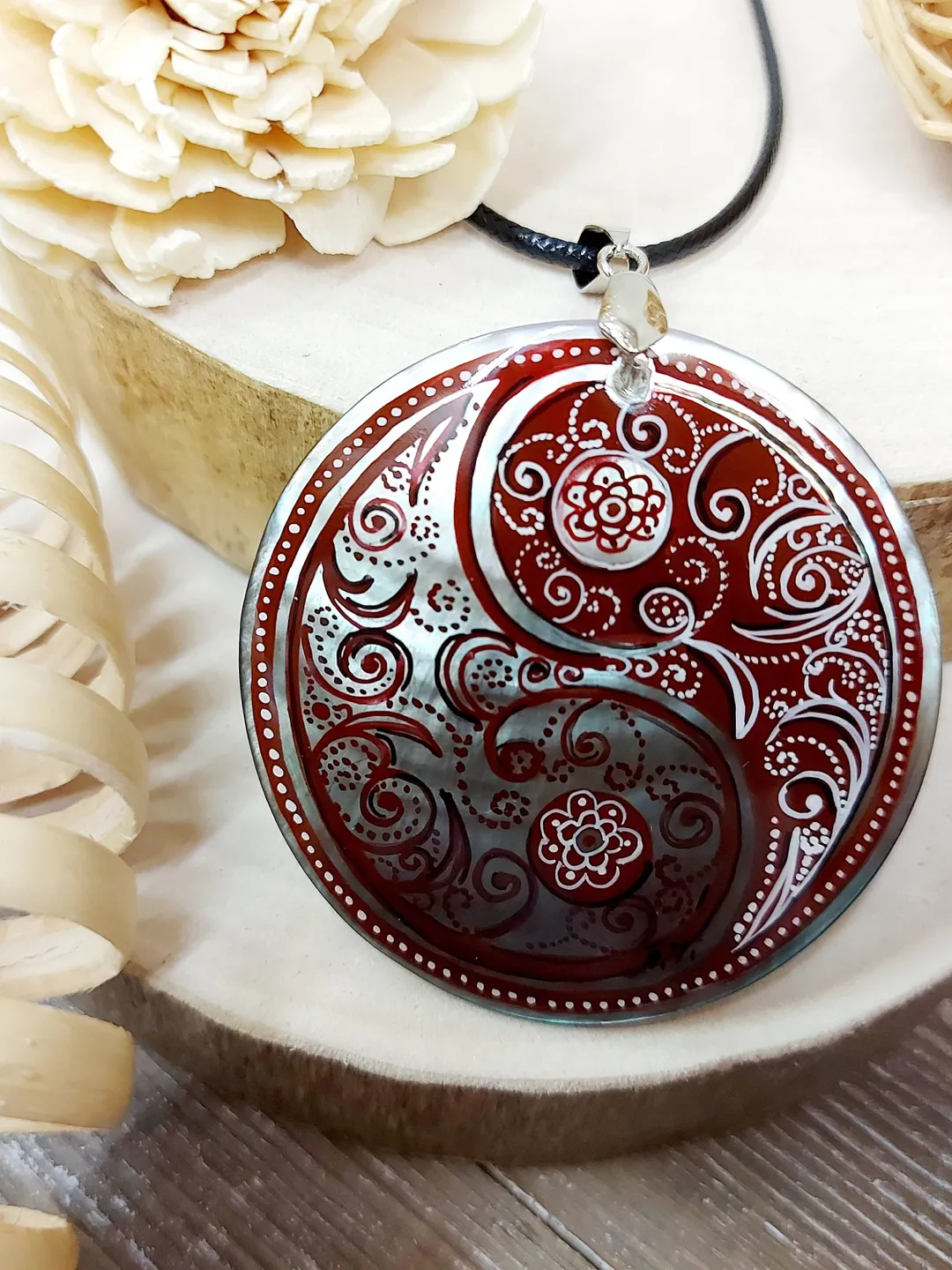 Pearl pendant necklace: Brown Paisley Yin Yang nacklace hand painted on ...