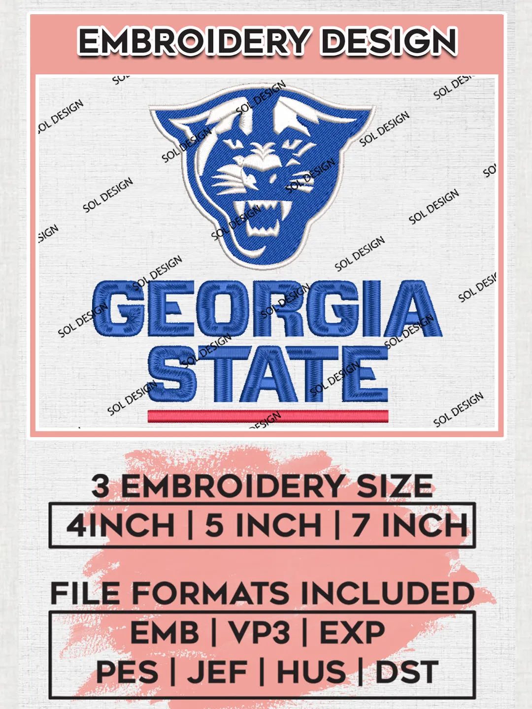 NCAA Georgia State Football Team Logo Embroidery Design Files, NCAA Georgia State Panthers Machine Embroidery, NCAA Teams, Game Day, 3 sizes, NCAA Machine embroidery designs, Digital Download