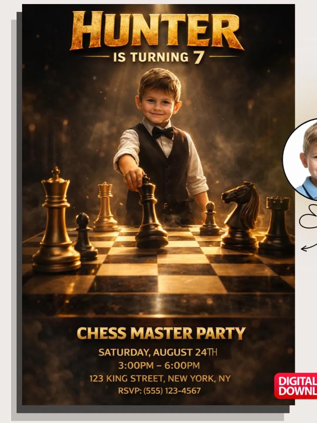 Custom Chess Birthday Invitation with Photo, Personalized Party Invite (Digital Download)
