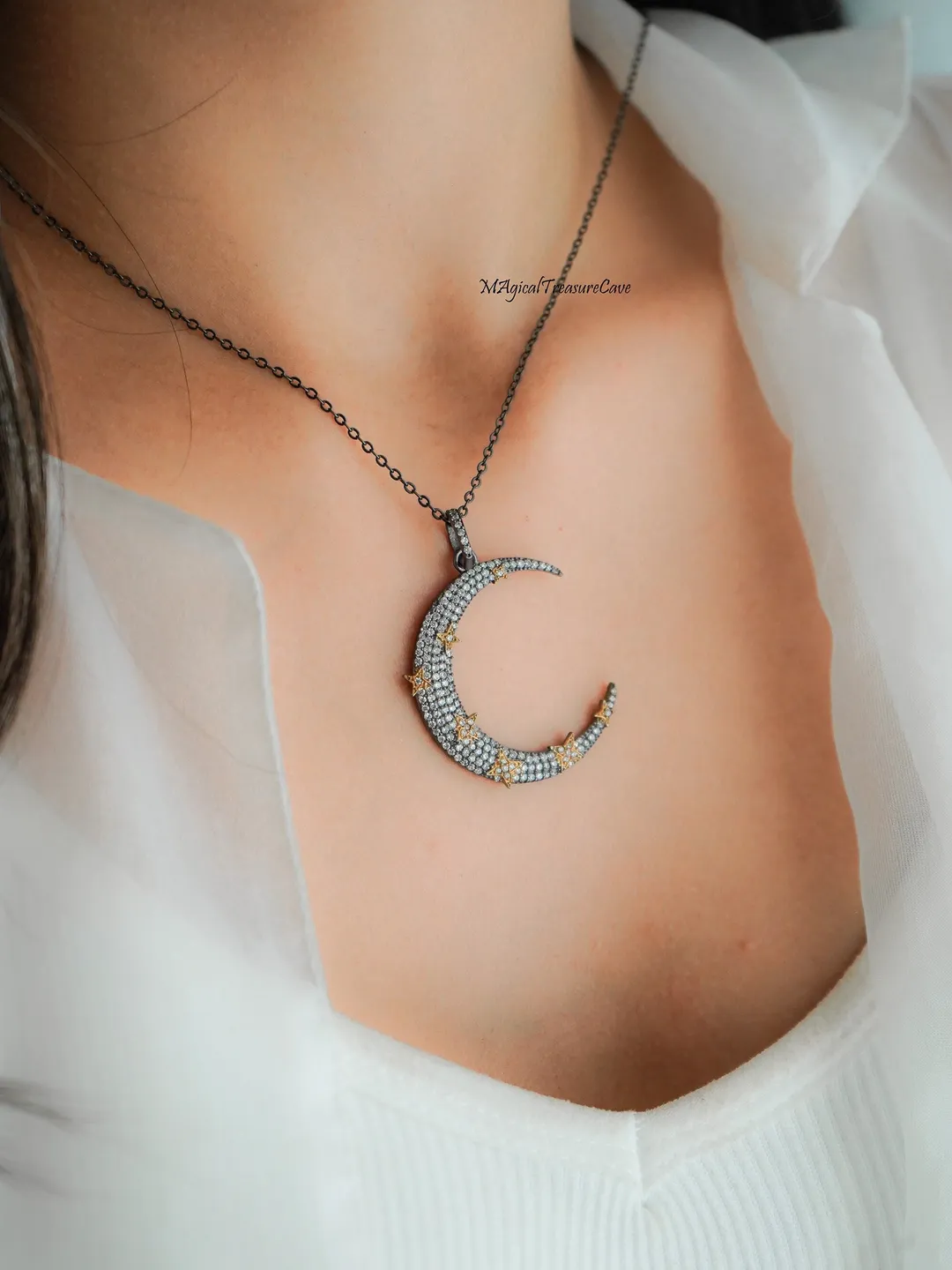 Crescent Moon Necklace, Oxidized Silver, CZ Moon, Boho Pendant Style, Birthday Gift, For Women, Unique Celestial Jewelry