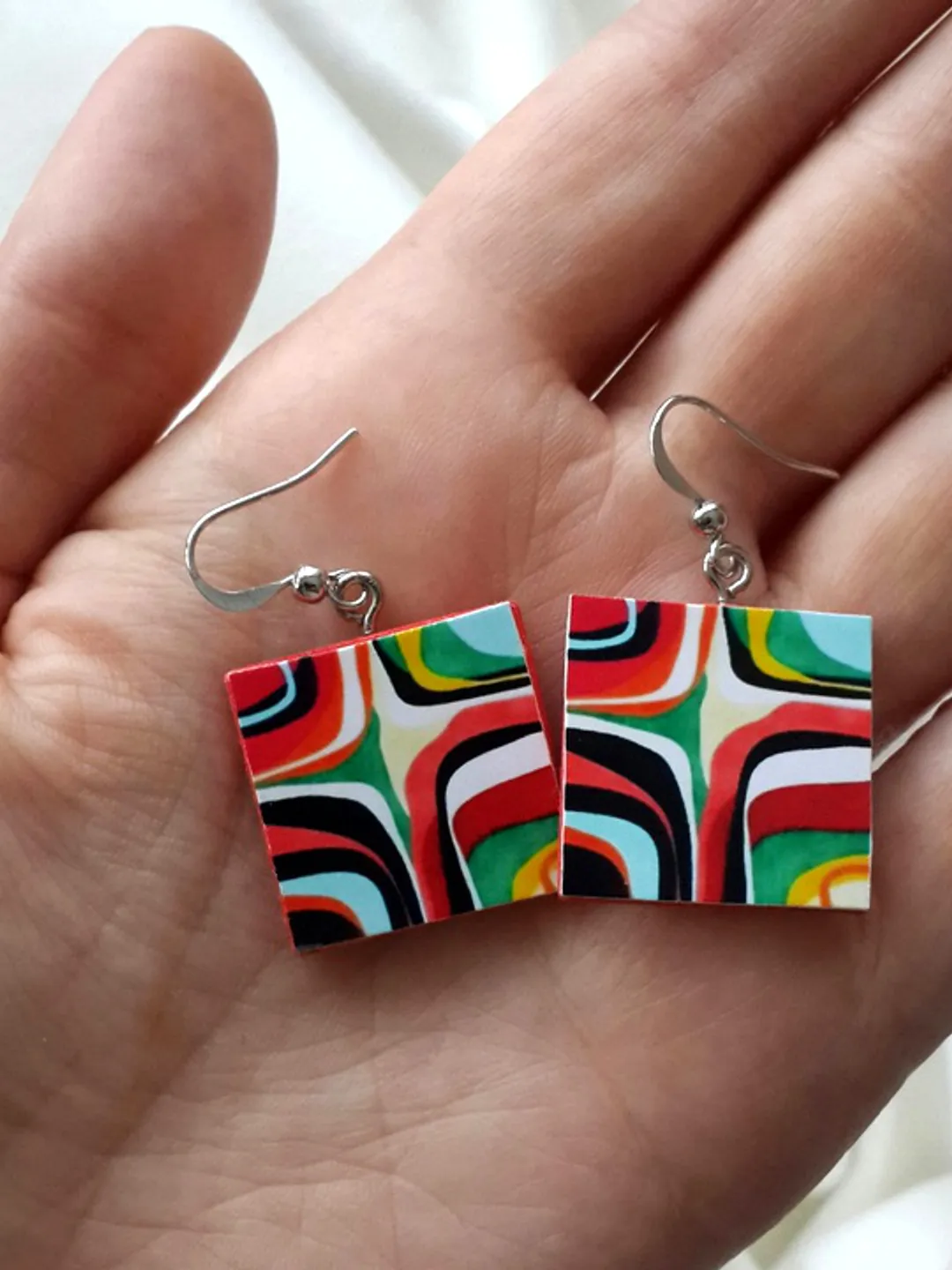 Square Wooden earrings, Summer Striped dangle earrings, geometric resin earrings, art painting earrings