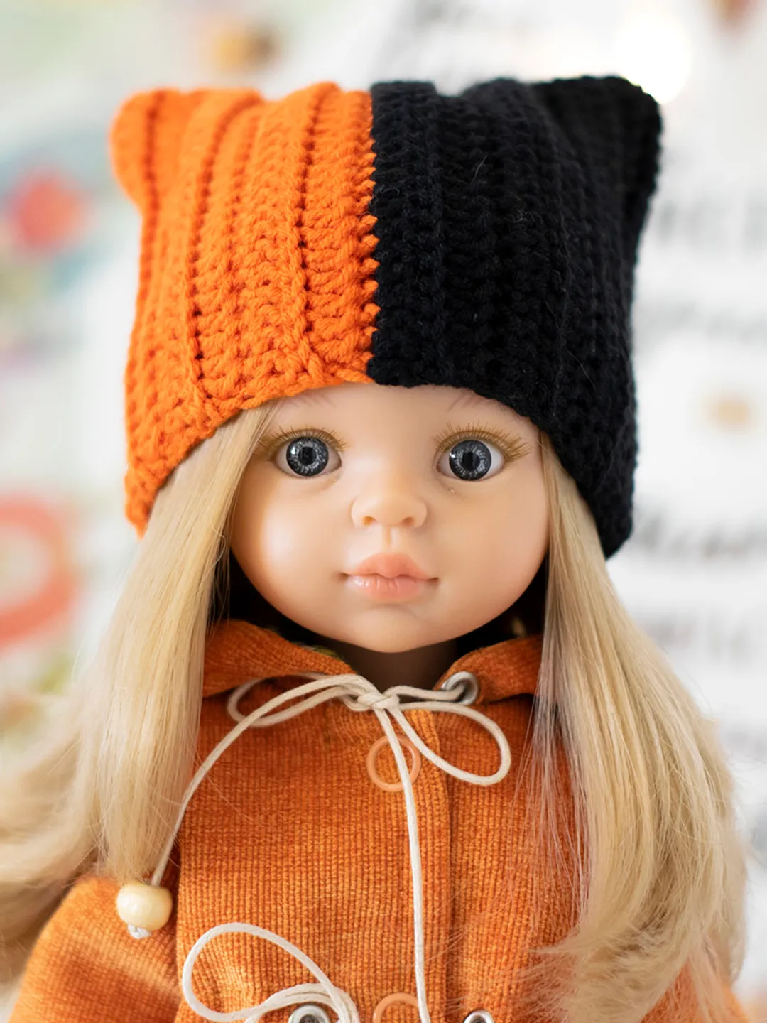 Orange and black hat for Paola Reina doll, Meadowdolls Dumpling, Little Darling, Siblies, doll accessories for Halloween