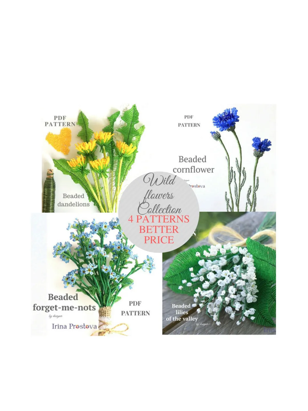 Beaded dandelion, Lily of the valley, forget me not, cornflower | Beaded Flowers pattern | Seed bead patterns