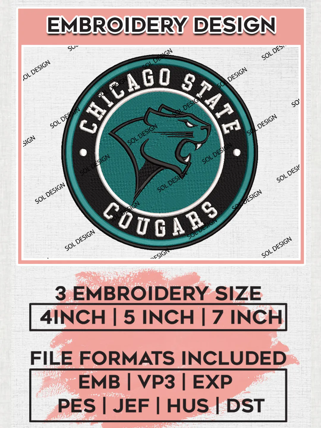NCAA Chicago State Cougars Round Logo Embroidery, NCAA Chicago State Cougars Embroidery Design files, NCAA Teams, NCAA Machine embroidery designs, Digital Download