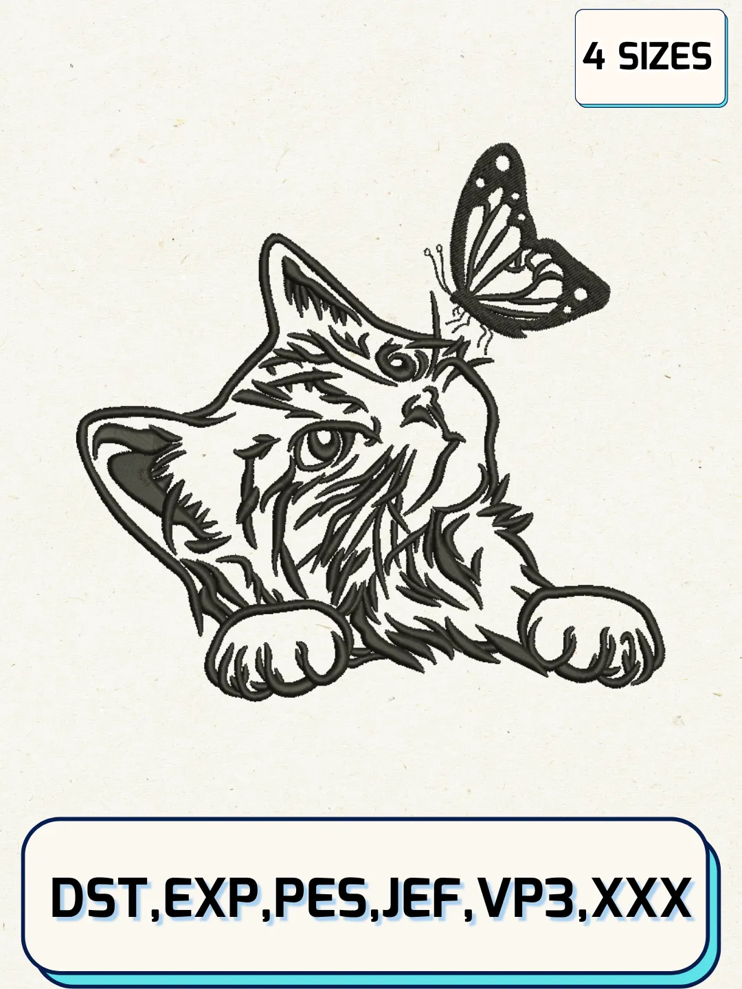 Cat with Butterfly Embroidery Design Files, Animal Logos Embroidery Designs, Machine Embroidery Files, 4 Sizes