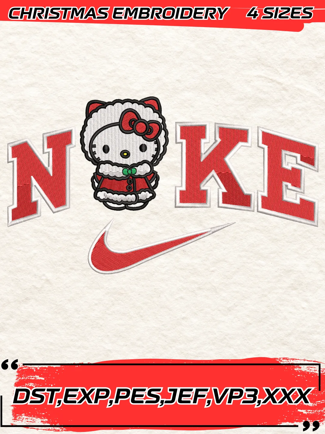 Swoosh Hello Kitty Christmas Embroidery Design,Christmas Embroidery Design,4 Sizes,Digital Download