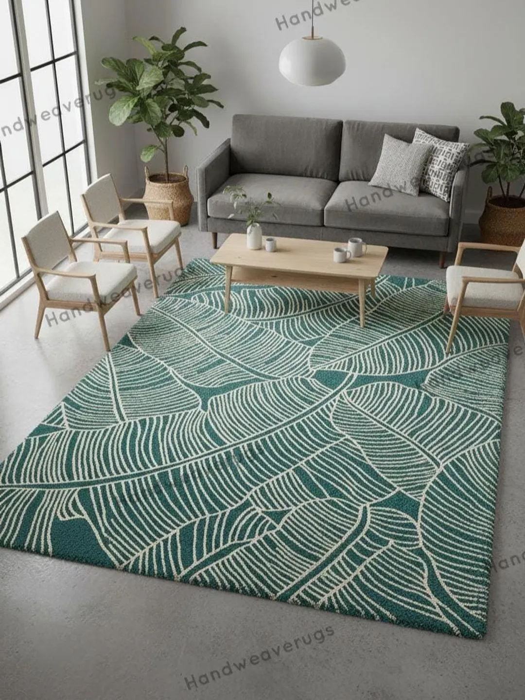 Hand Tufted Wool Area Rug, Tropical Leaf Design, Modern Decor
