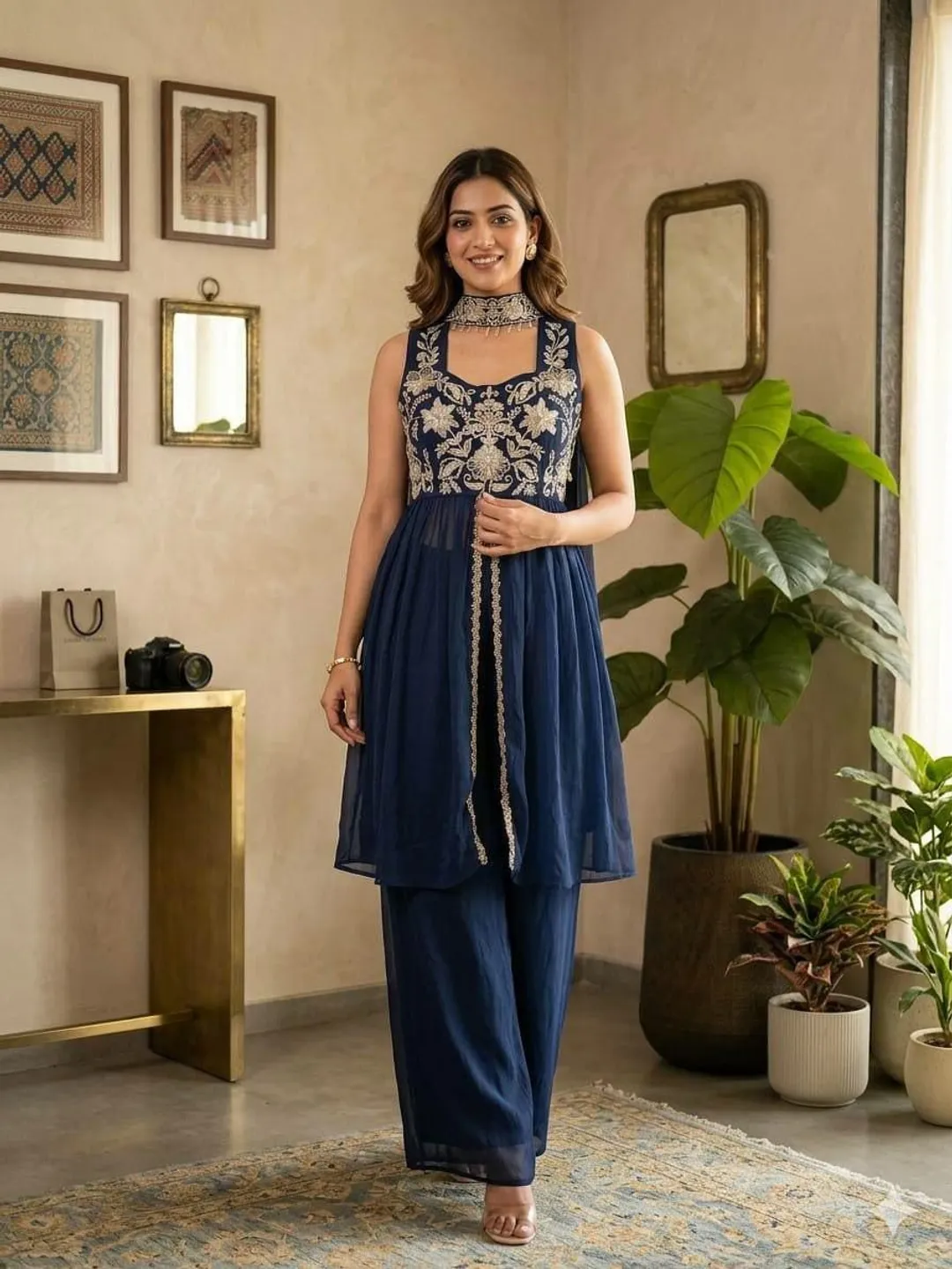 Rangoli Crush Embroidered Palazzo Set for Women Indian Ethnic Suit Festive Wear Party Outfit Traditional Dress