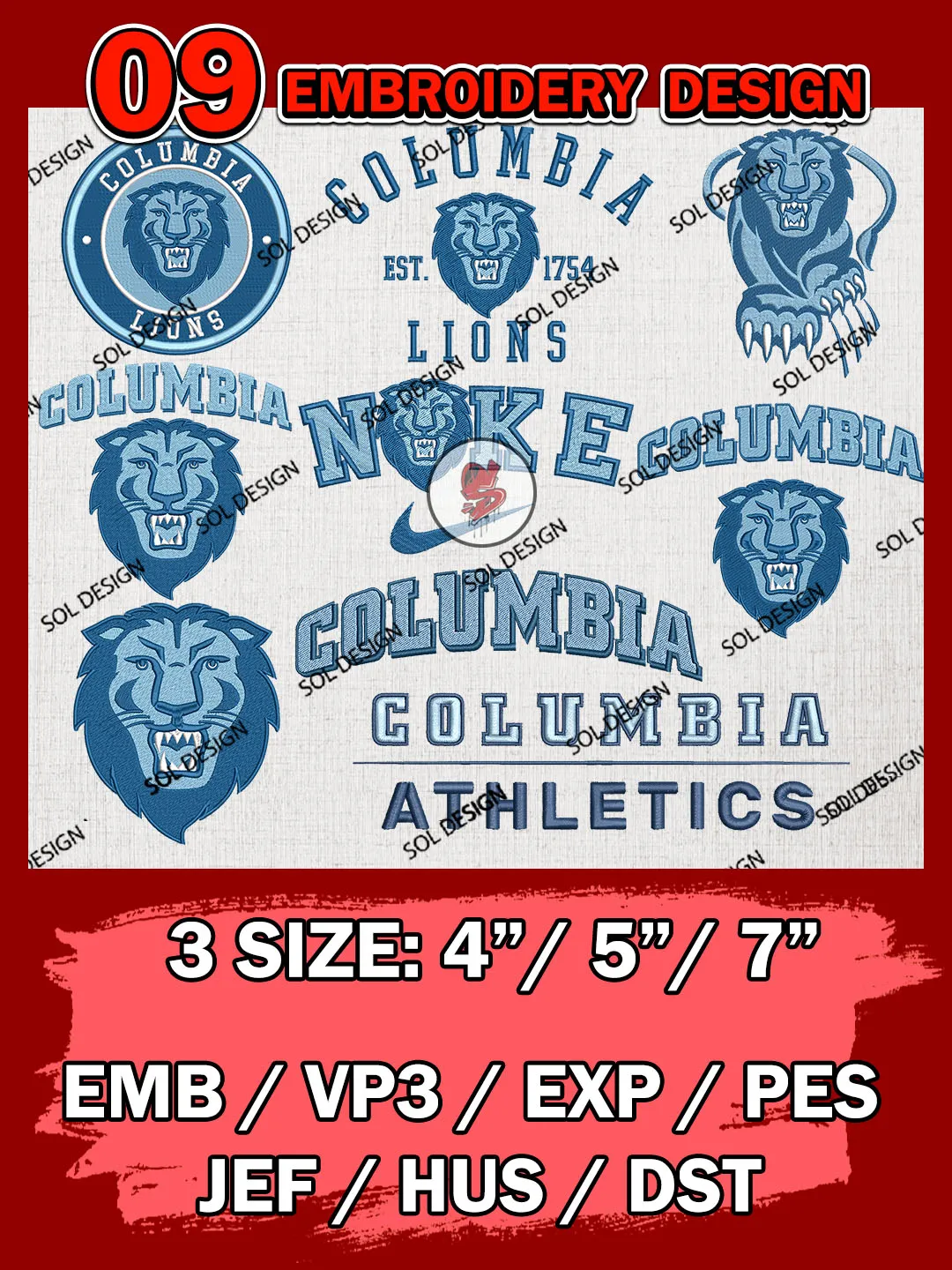 9 NCAA Columbia Lion Bundle Embroidery Files, NCAA Columbia Lion Team Bundle Embroidery Designs, NCAA Teams, National College Football Team 3 sizes, NCAA Columbia Lion Machine Embroidery, Digital Download