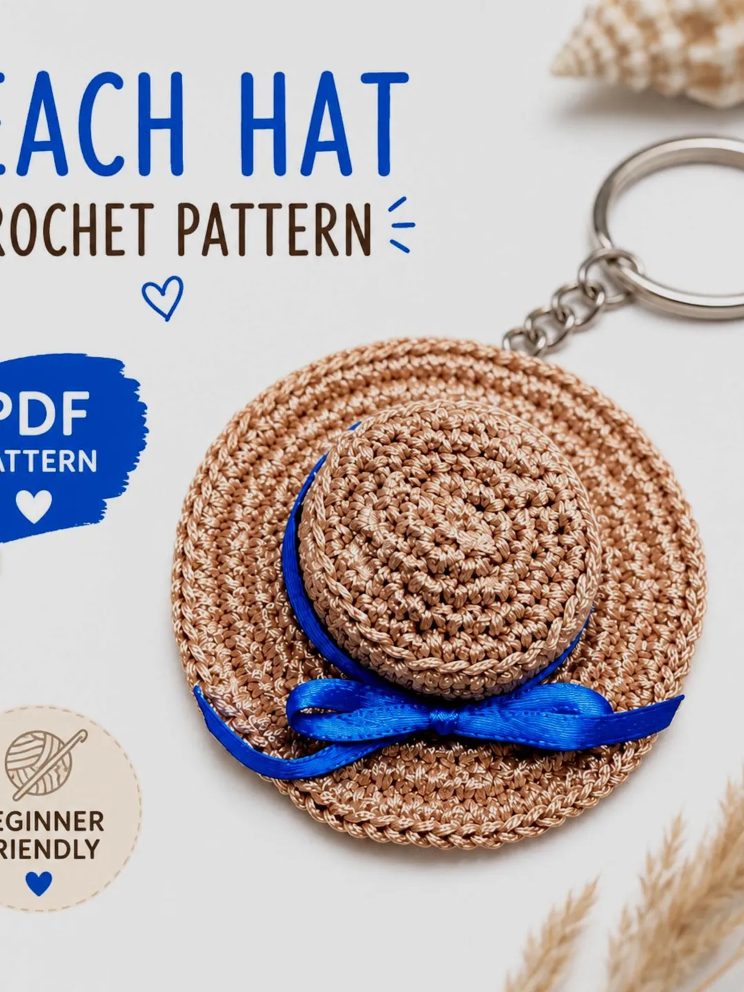 Crochet Keychain Pattern, Beach Hat Crochet Pattern, Summer Hat Keyring PDF, Mini Hat Bag Charm, Beginner Crochet Gift